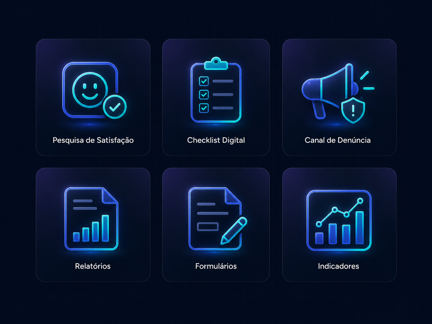 Cards dos módulos da FineDesk com ícones neon