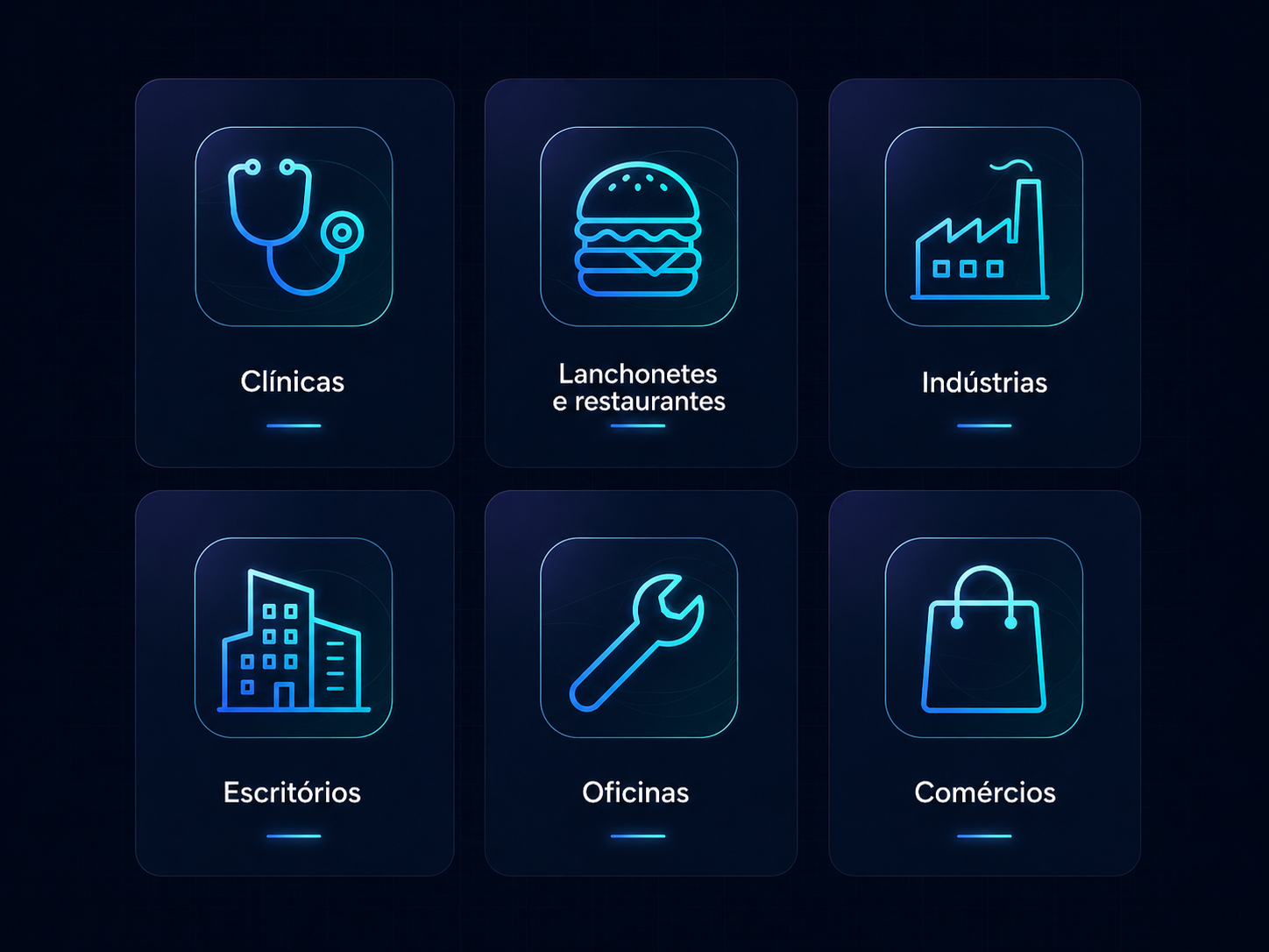 Segmentos atendidos pela FineDesk como clínicas, restaurantes, indústrias, escritórios, oficinas e comércios